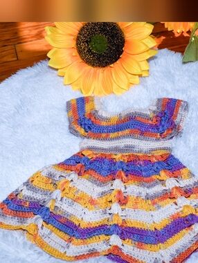 Handmade Multicolor Crochet Kids Dress - Bright Stripe